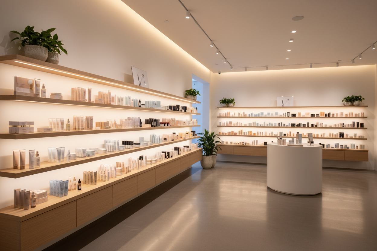 an image of a skincare store with skincare products on shelves