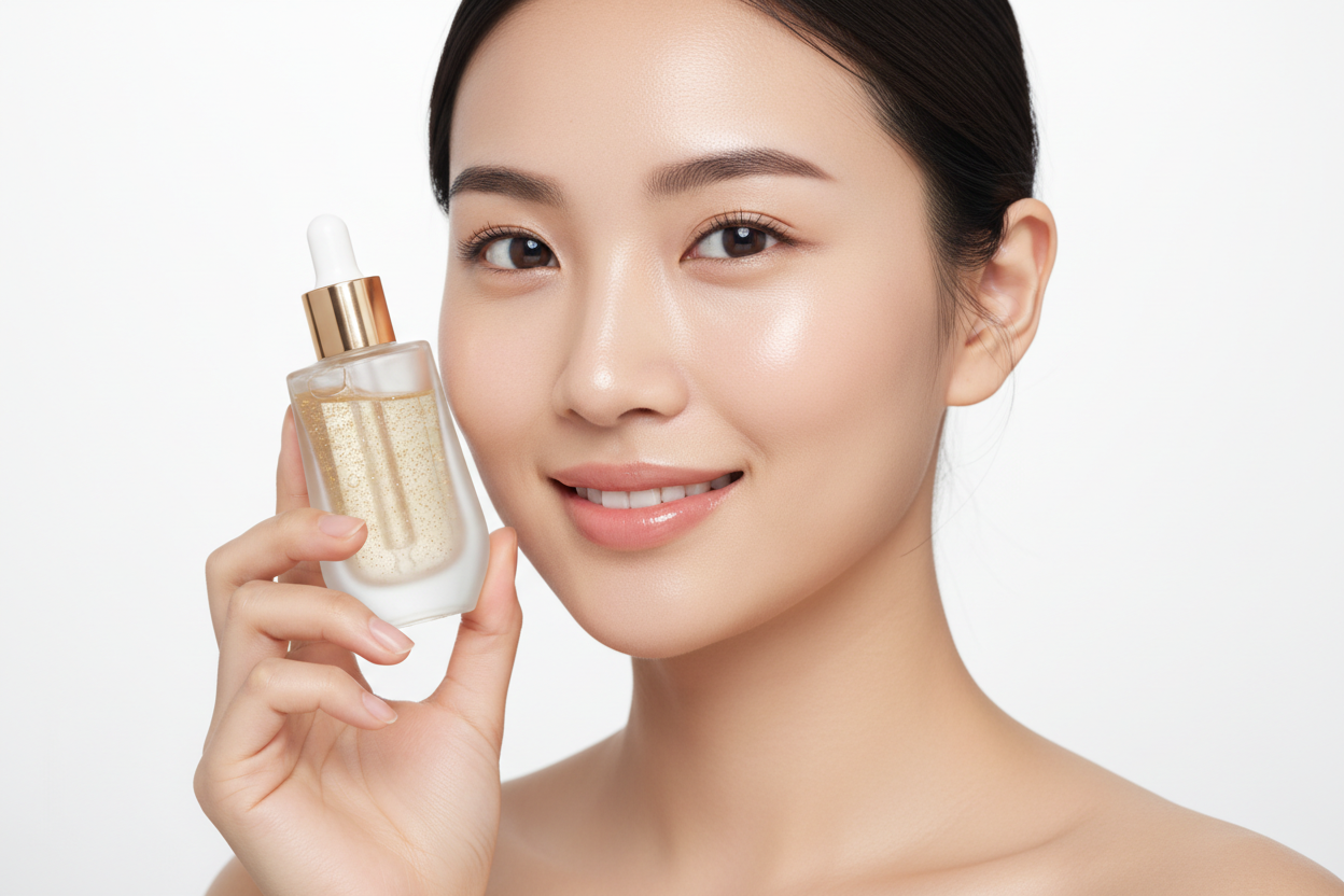 asian woman holding a bottle of serum close to her face smiling