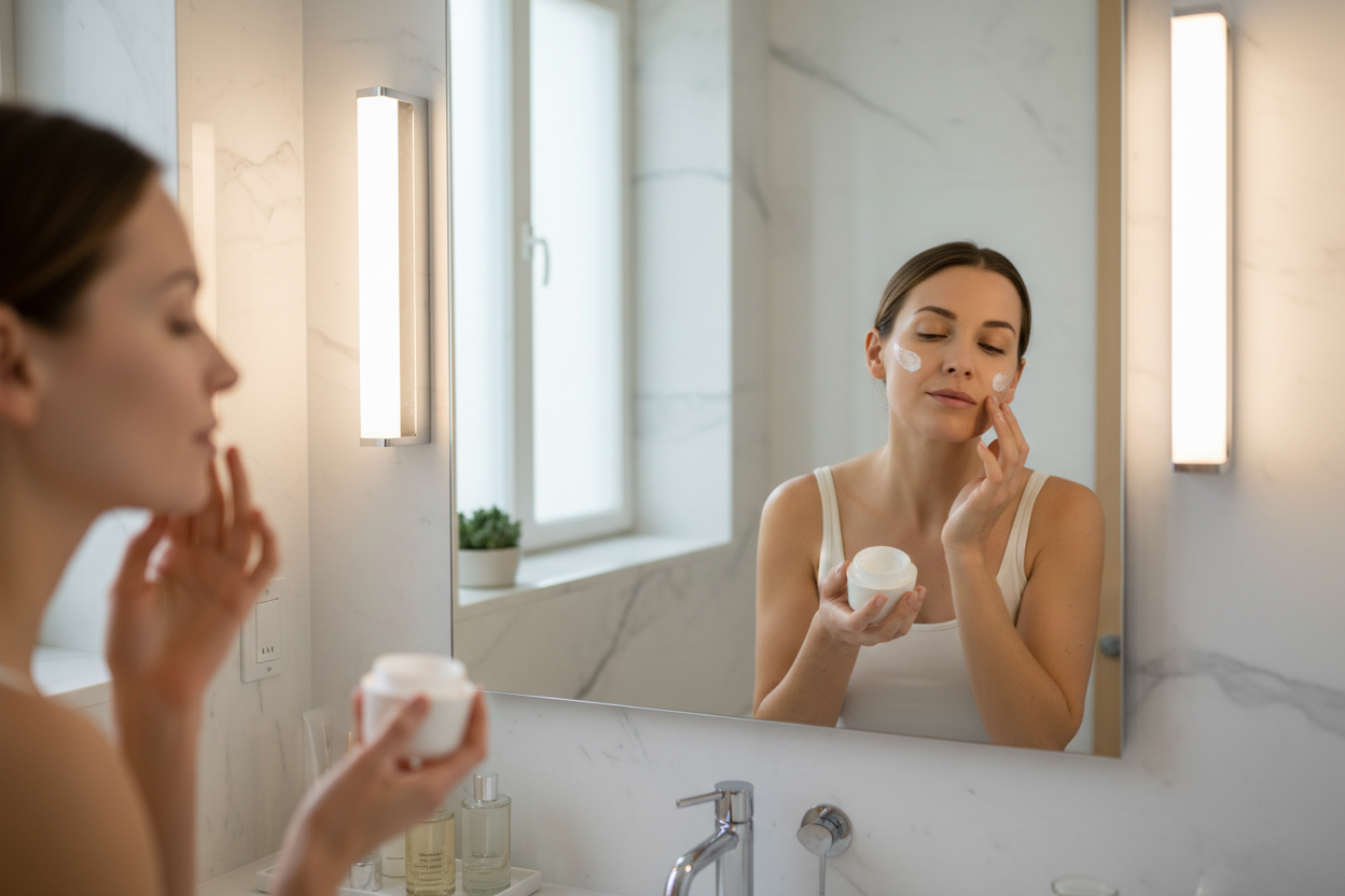 Caucasian woman applying skincare product in a bathroom setting looking in the mirror