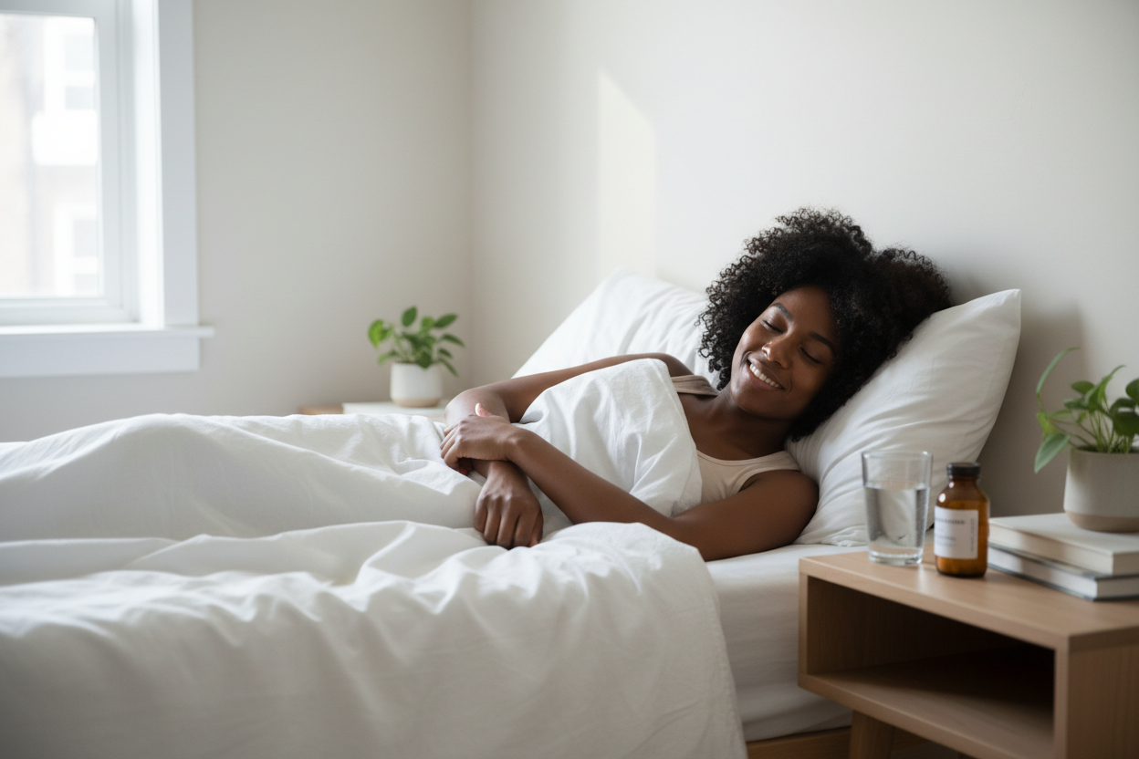 image of a black woman smiling in bed under the sheets with a glass of water and bottle of medicine on the bedside table