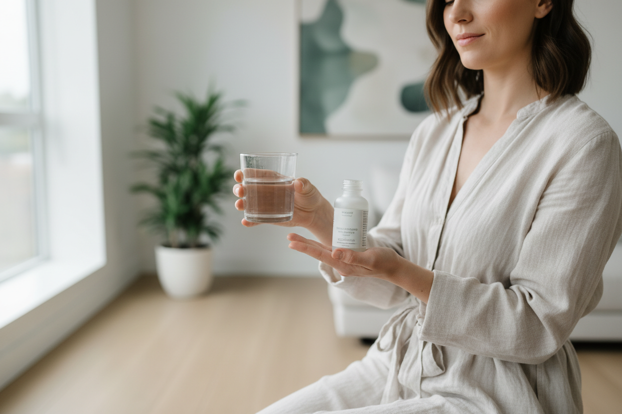 image of a woman holding a glass of water on one hand and a bottle of medicine on the other