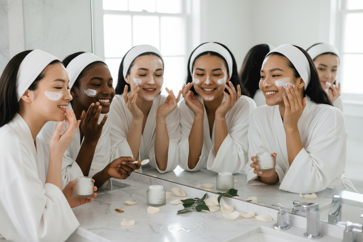 multicultural women applying cream on their faces