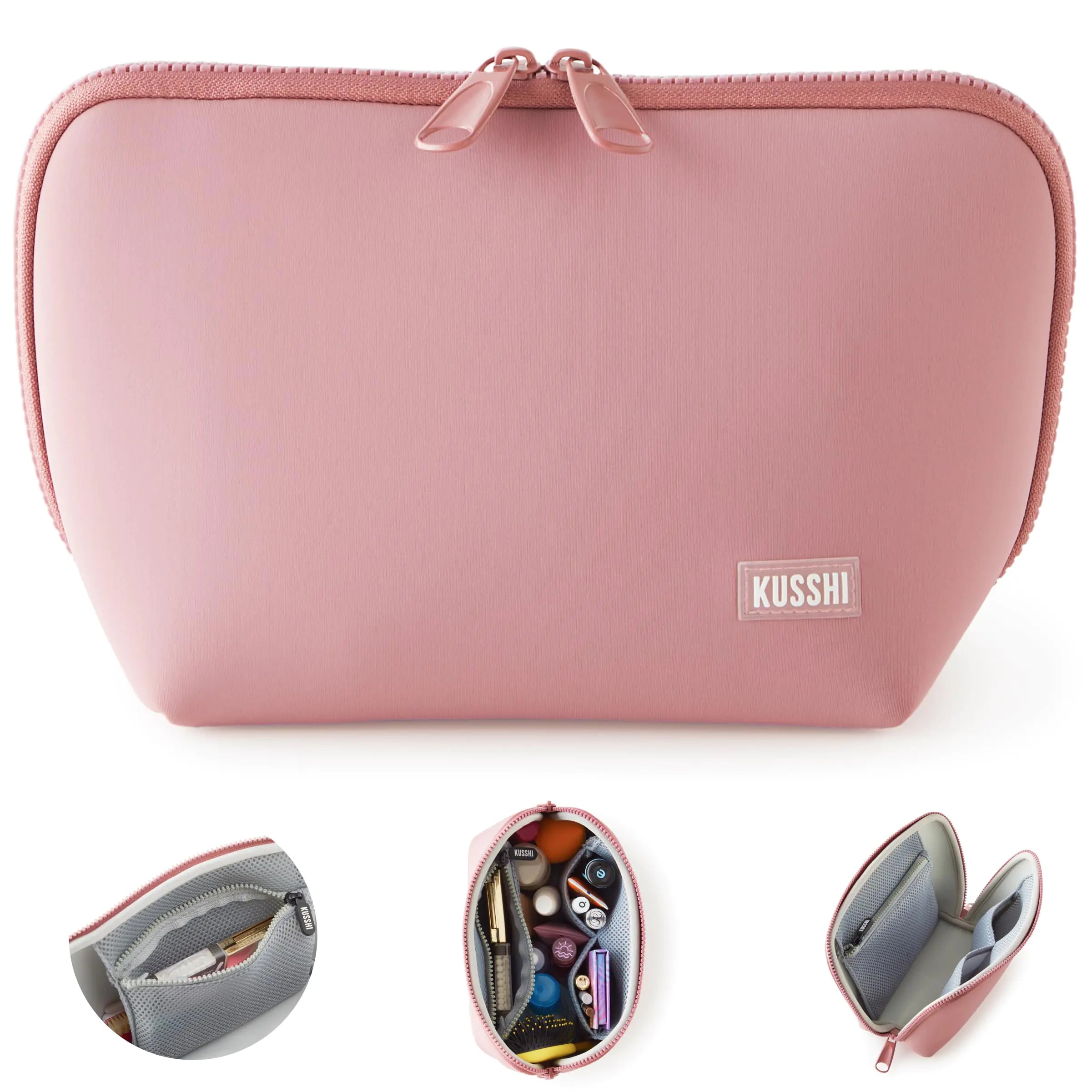 KUSSHI Neoprene Makeup Bag - Washable Makeup Bag for Stress Free Travel (Mauve/Stone)